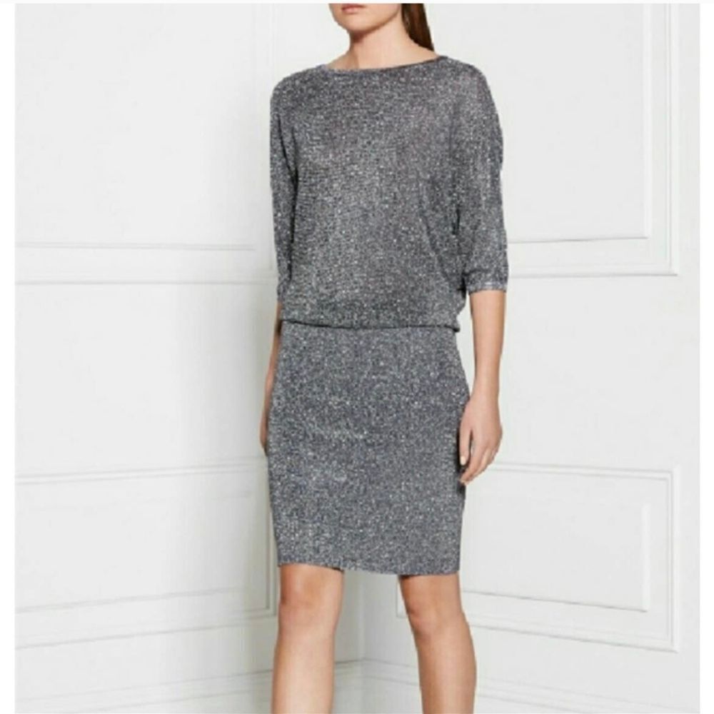 Reiss Watson Metallic Dress women's size 2 silver dolman batwing Bodycon‎